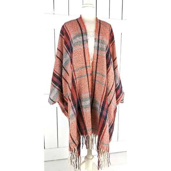 Red tartan plaid tassel fringe kimono cardigan cover up jacket one size - Picture 2 of 5